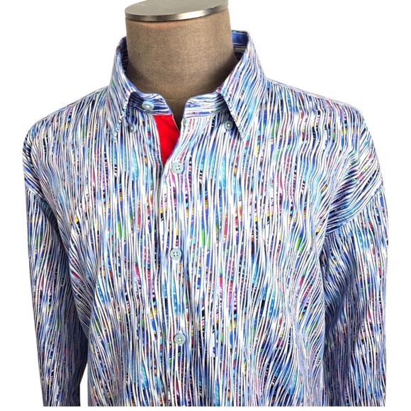 VISCONTI BLACK- Mens 3XLB Button Down Long Sleeve Party Multi-Color Stripe Shirt - Picture 1 of 11